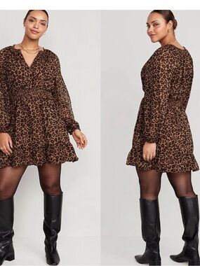 🔥NWOT Leopard Print Smocked Long-Sleeve Tiered Mini Dress - Brown/Elastic Waist💃